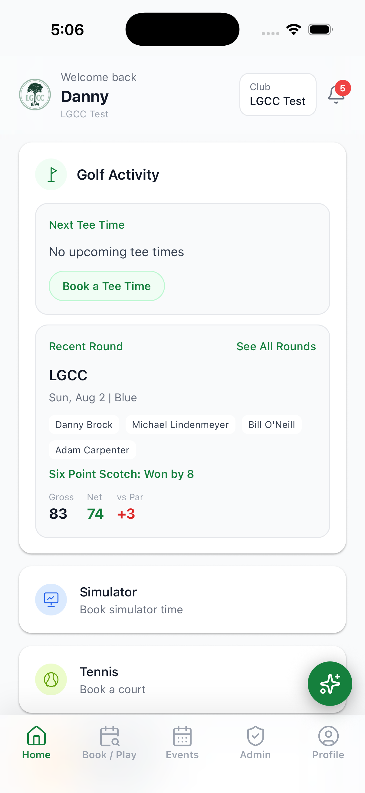 Fringe member app home screen with golf activity and amenity shortcuts