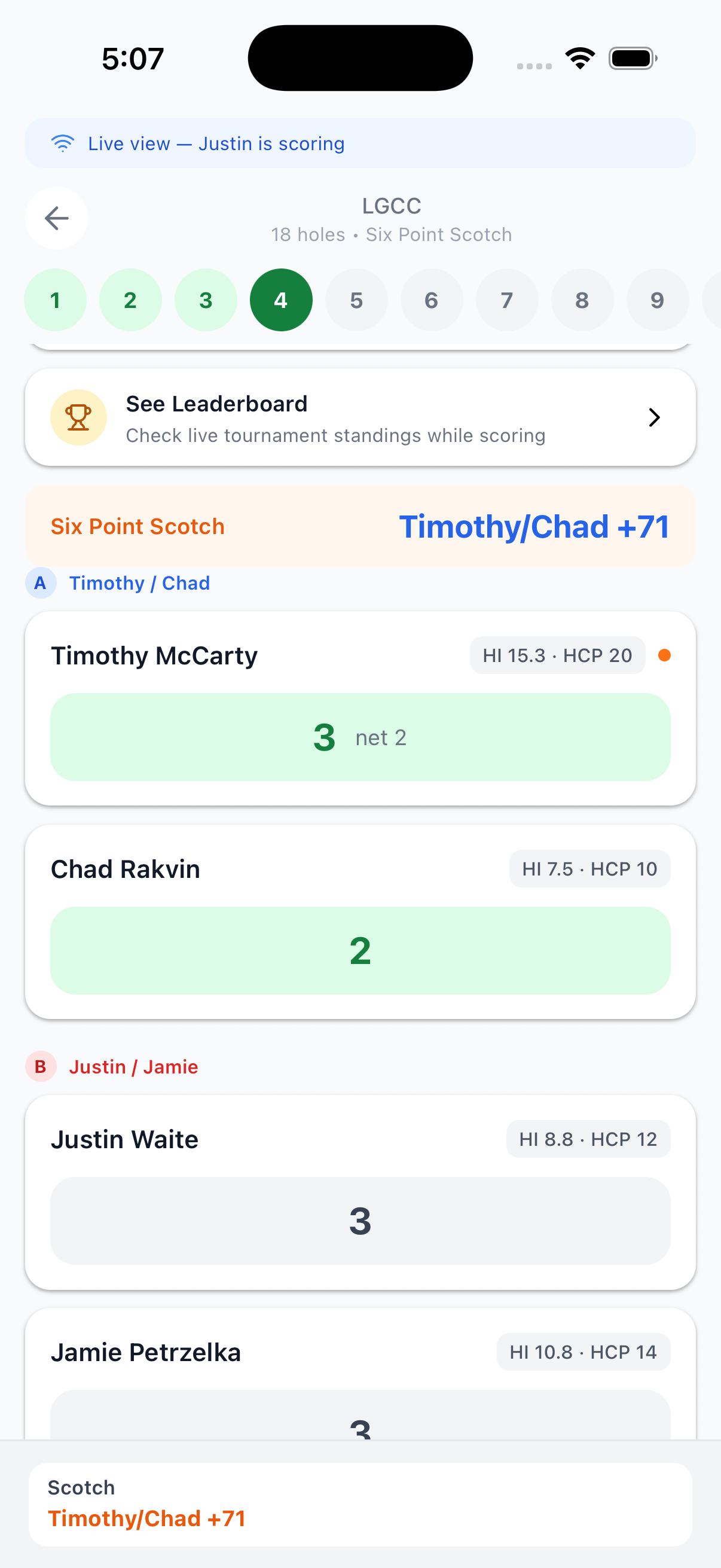 Fringe member app live scoring screen with Six Point Scotch standings